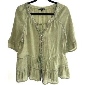 Zac & Rachel Women's L Olive Green Tiered Boho Blouse Embroidered Tassel Peasant